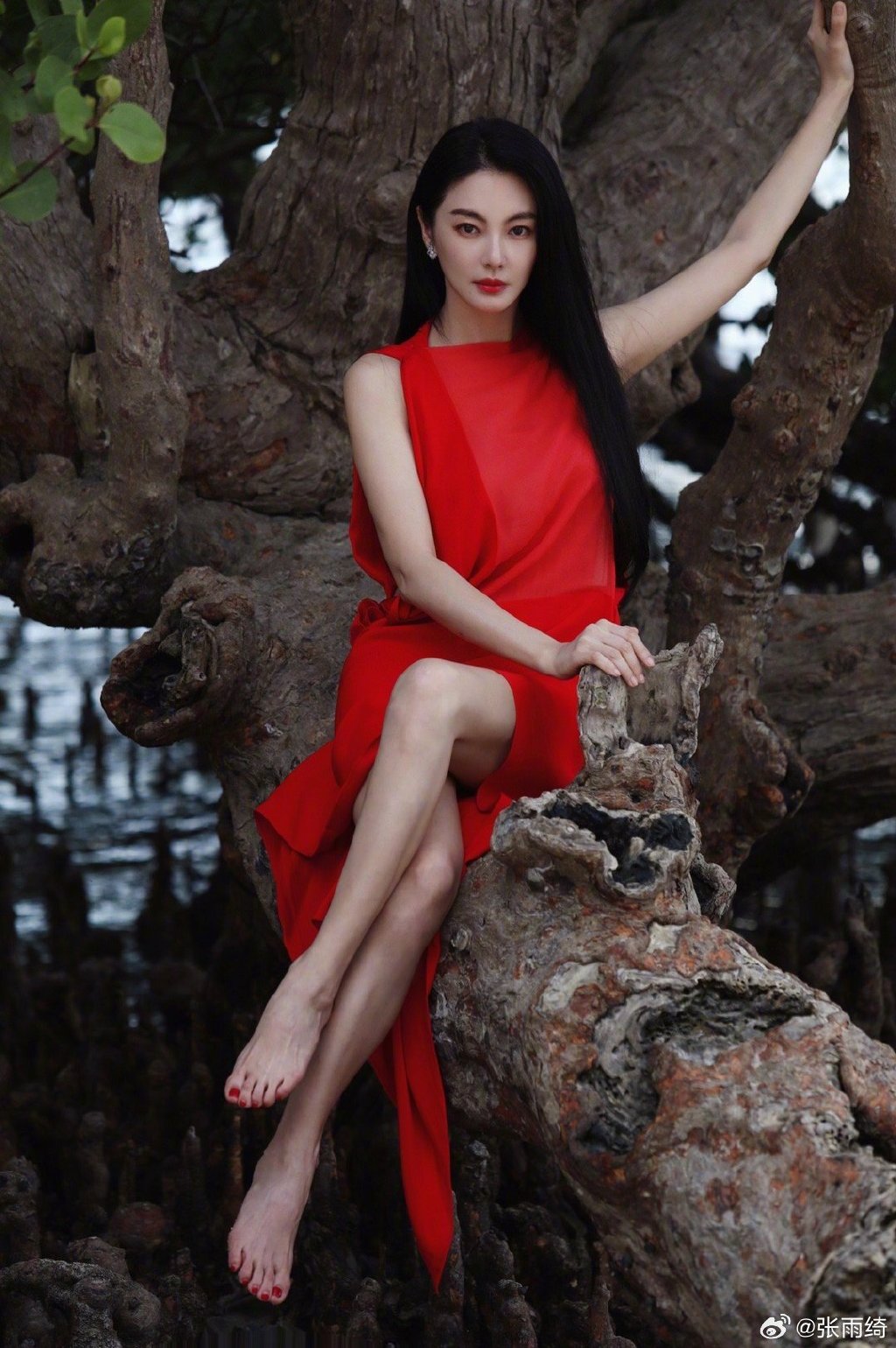 张雨绮36岁写真图片—张雨绮赤脚红裙大片